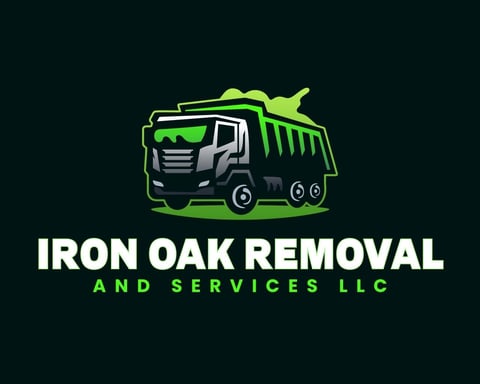 Iron Oak Removal and Services LLC logo featuring a green neon dump truck icon on dark background